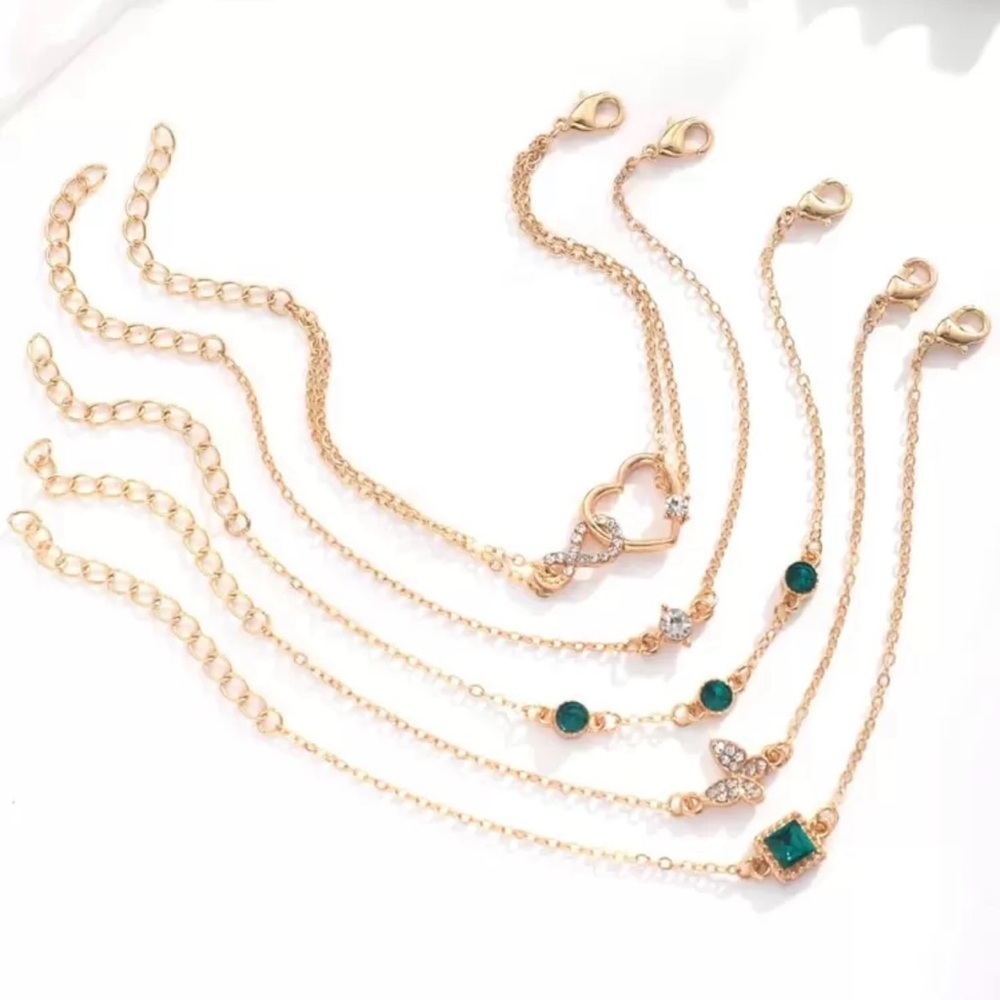 Set of 5 Elegant Gold and Emerald Bracelets - Butterfly and Heart (NEW) - Picture 2 of 4